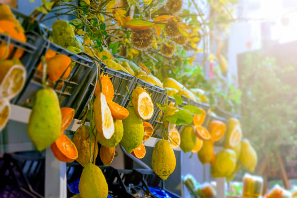 Typical citrus fruits of Sicily on sale in a market street of Taormina