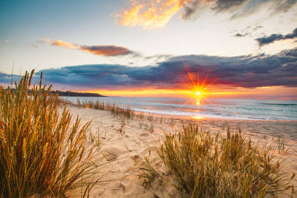 Bright sunrise over the beach with storm clouds, Australia