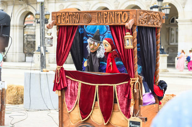 Medieval puppet show in piazza market square in La Coruna Spain, 25-07-2023