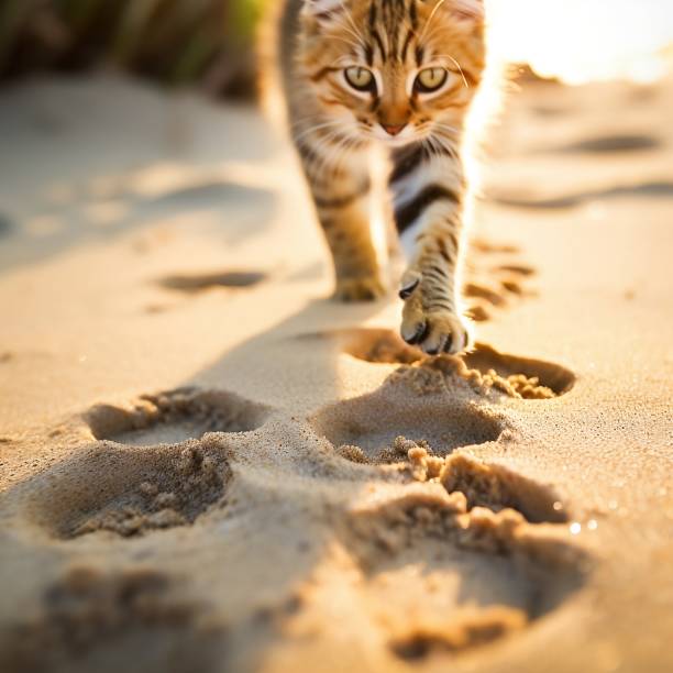 Cute cat stepping on the beach