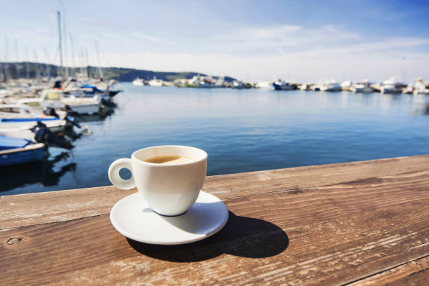 Coffee cup on a table in a mediterranean cafe